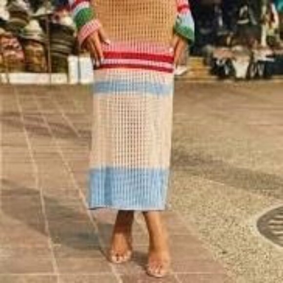 Vintage-Inspired VRG GRL Multicolor Crochet Knit Maxi Dress Long Sleeves Size 8 - Picture 6 of 15